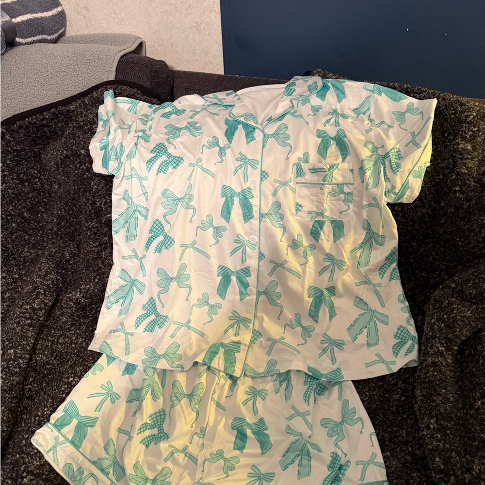 White and Teal Pajama Set